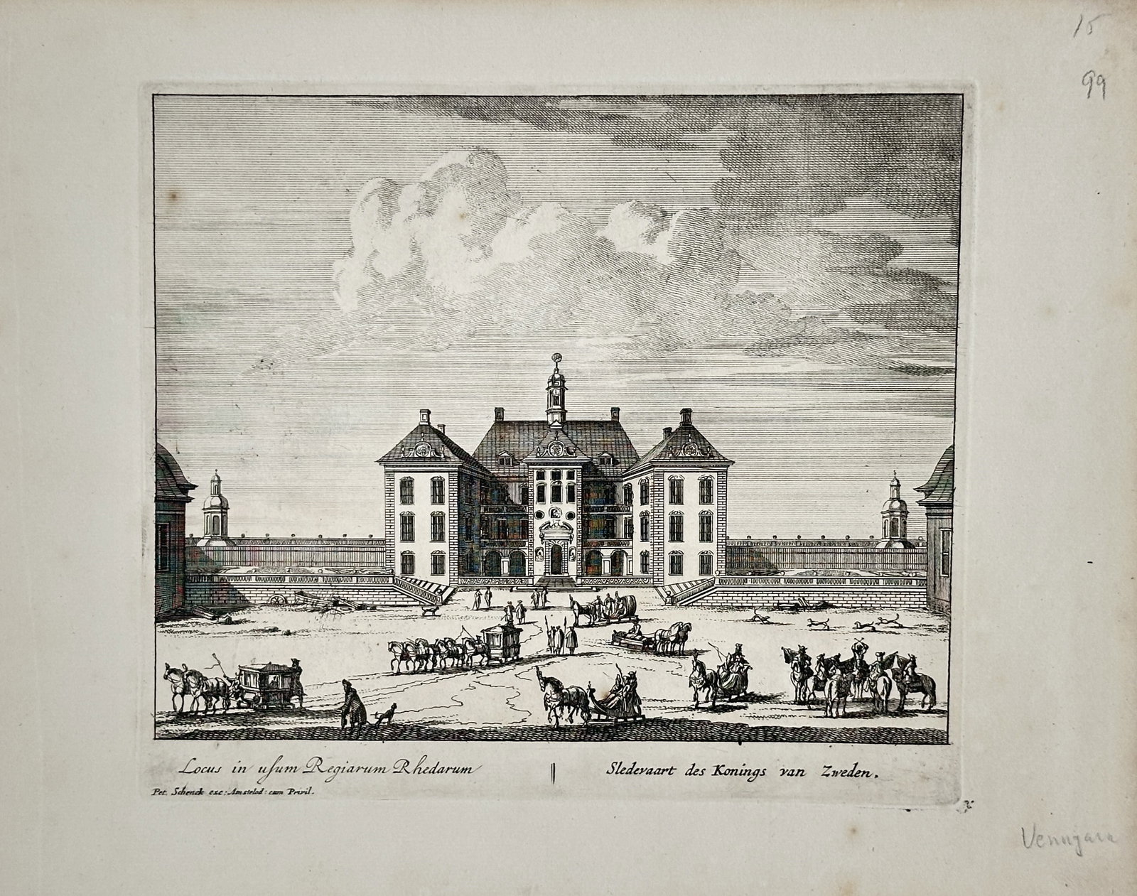 Peter Schenk the Elder – Sleigh Ride of the King of Sweden – Engraving (17th Century) (1 of 2)