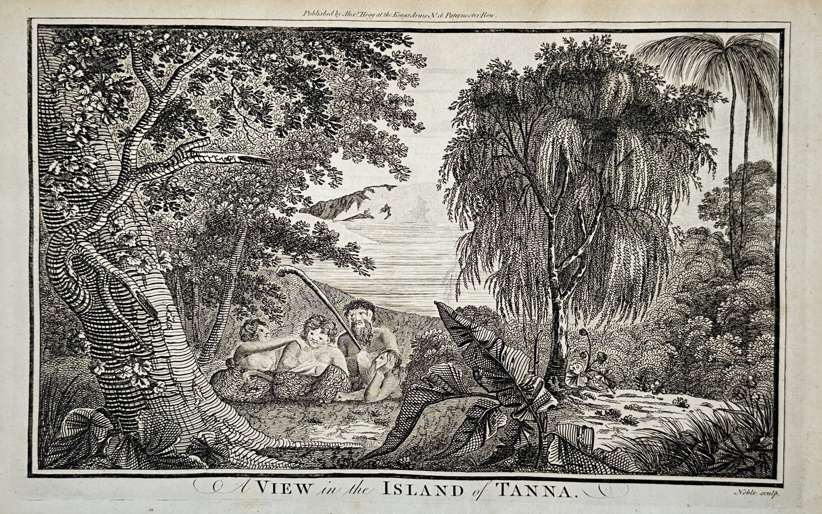 Alexander Hogg – A View in the Island of Tanna – Engraving (18th Century): "A View in the Island of Tanna" is a landscape illustration that captures a coastal view from a Pacific exploration voyage. The composition depicts indigenous figures resting amidst coastal vegetation