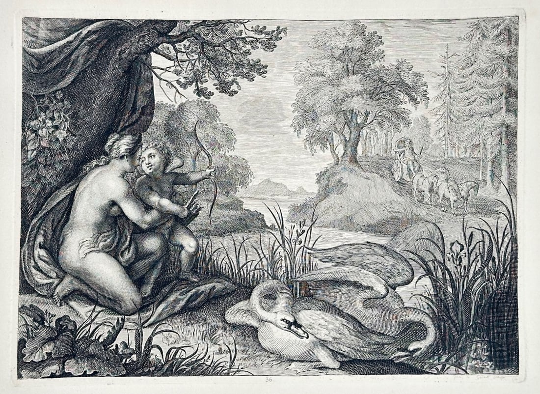 Pieter Stevens van Gunst – Venus and Cupid with a Swan – Engraving (18th Century): This is a classical mythological illustration that depicts Venus kneeling beside a young Cupid as he holds his bow and arrow near a riverbank. The composition highlights a large swan resting on the sh