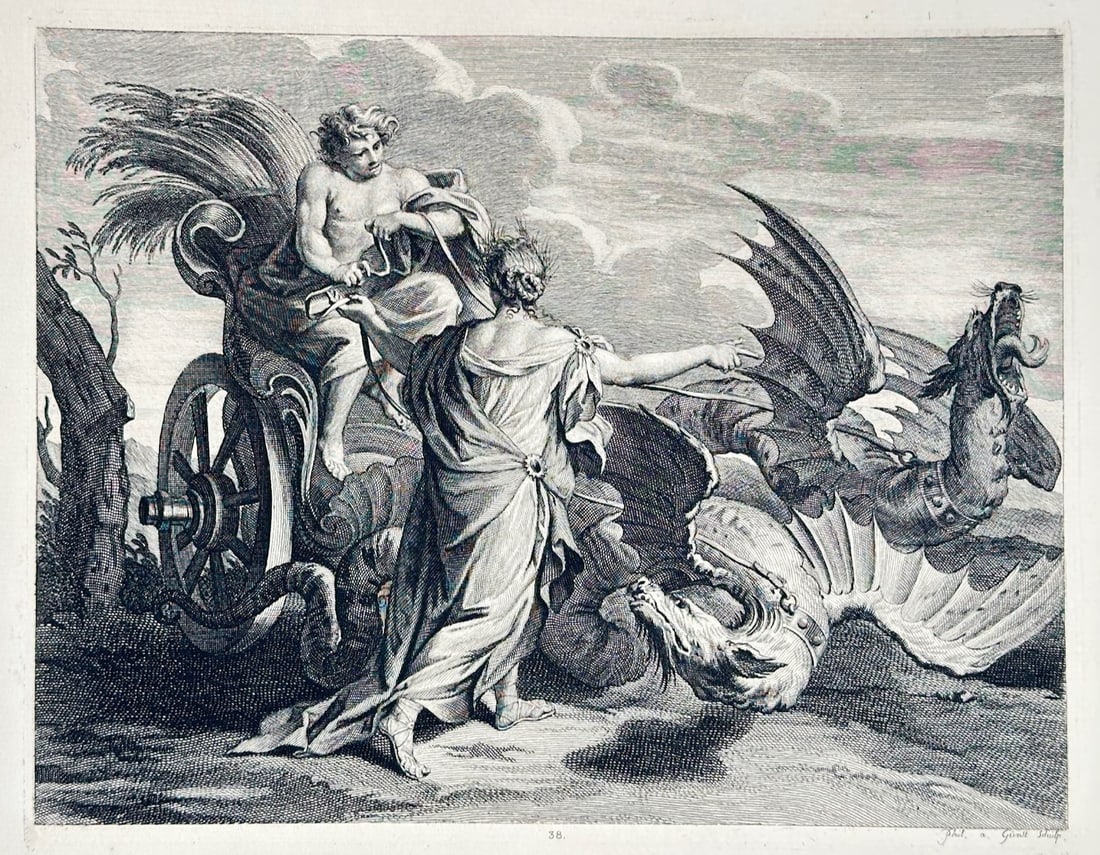 Pieter Stevens van Gunst – Ceres and Triptolemus – Engraving (18th Century): Ceres and Triptolemus is a classical mythological illustration depicting the goddess Ceres handing the reigns of her dragon-drawn chariot to the young hero Triptolemus. The dynamic composition illustr