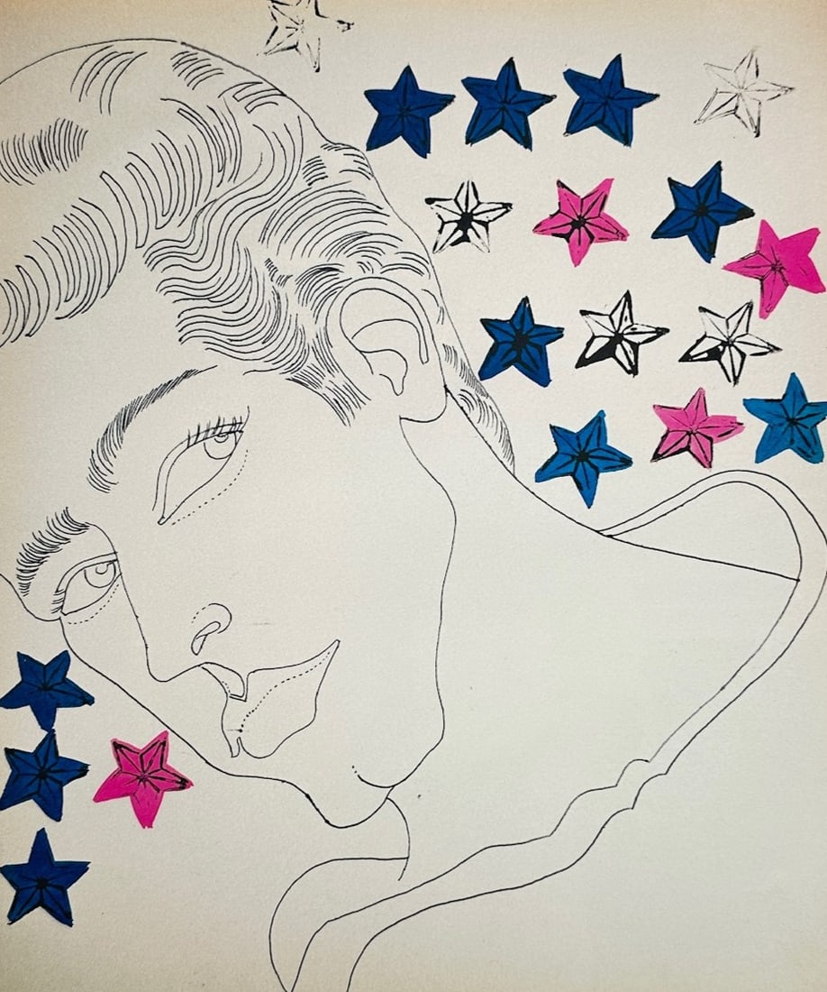 Andy Warhol – Portrait with Stars – Offset lithograph reproduction (2006): Portrait with Stars is a modern figurative illustration showcasing a stylized male visage executed in clean blotted line work. The minimalist composition features a cluster of multi-colored star shape