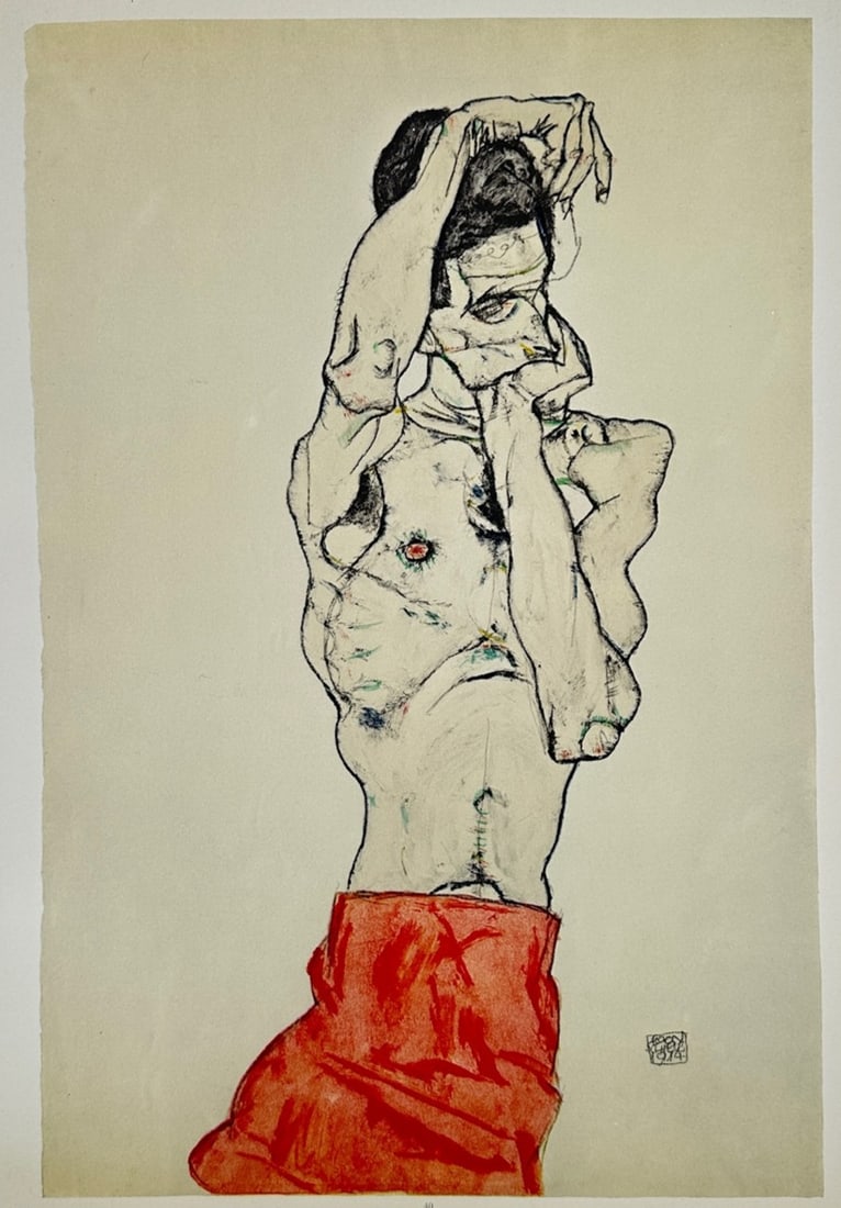 Egon Schiele,after – Standing Male Nude with Red Loincloth – Offset Print (20th Century): "Standing Male Nude with Red Loincloth" is an expressionist figurative drawing that showcases a contorted male figure with skeletal features standing against a stark, empty background. The intense com