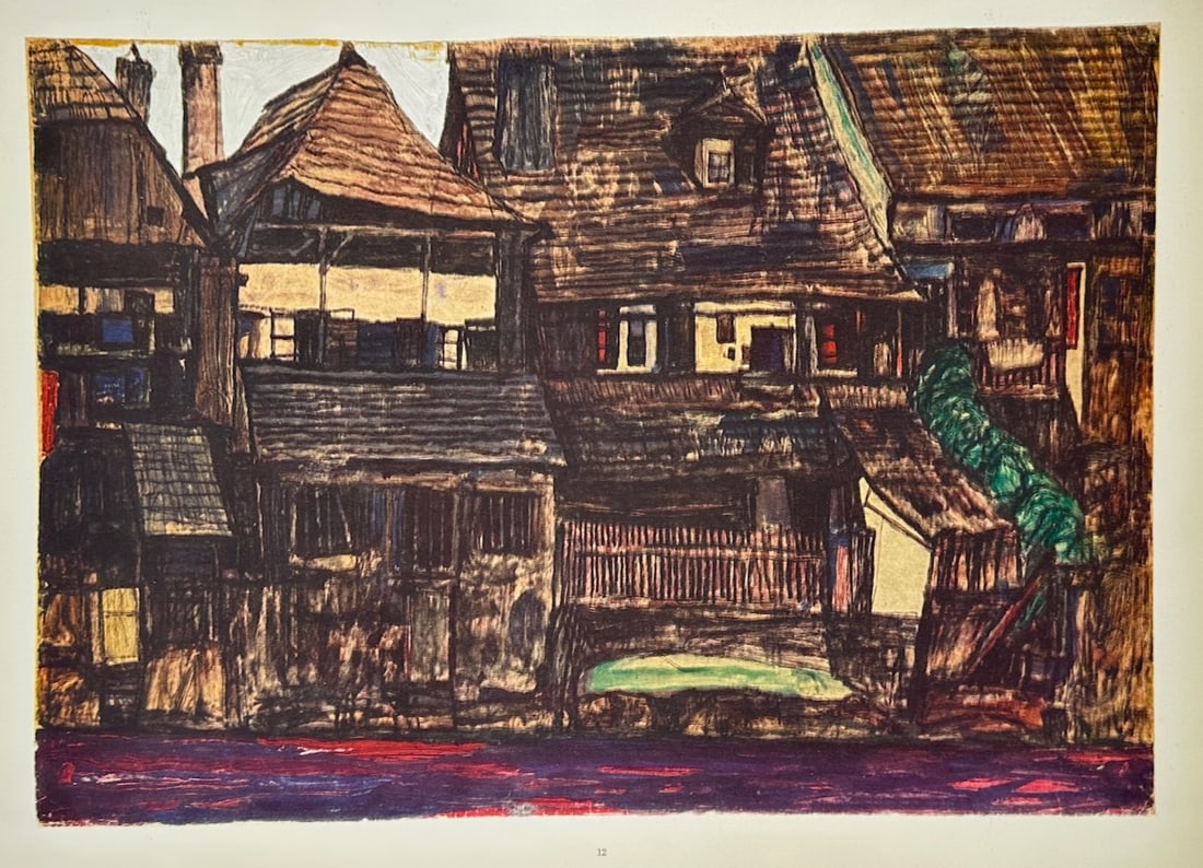 Egon Schiele, after – The Yellow City – Offset Print (20th Century): "The Yellow City" is an expressionist landscape illustration that showcases a dense cluster of old houses and rooftops under a dark sky. The atmospheric composition highlights the geometric forms of t