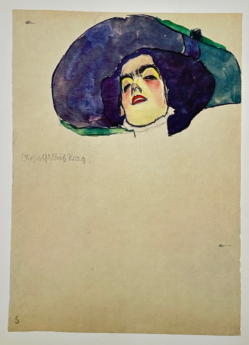 Egon Schiele, after – Head of Gerti Schiele – Offset Print (20th Century): "Head of Gerti Schiele" is an expressionist portrait illustration that showcases a female face looking upward while wearing an oversized purple hat against a plain background. The minimalist compositi