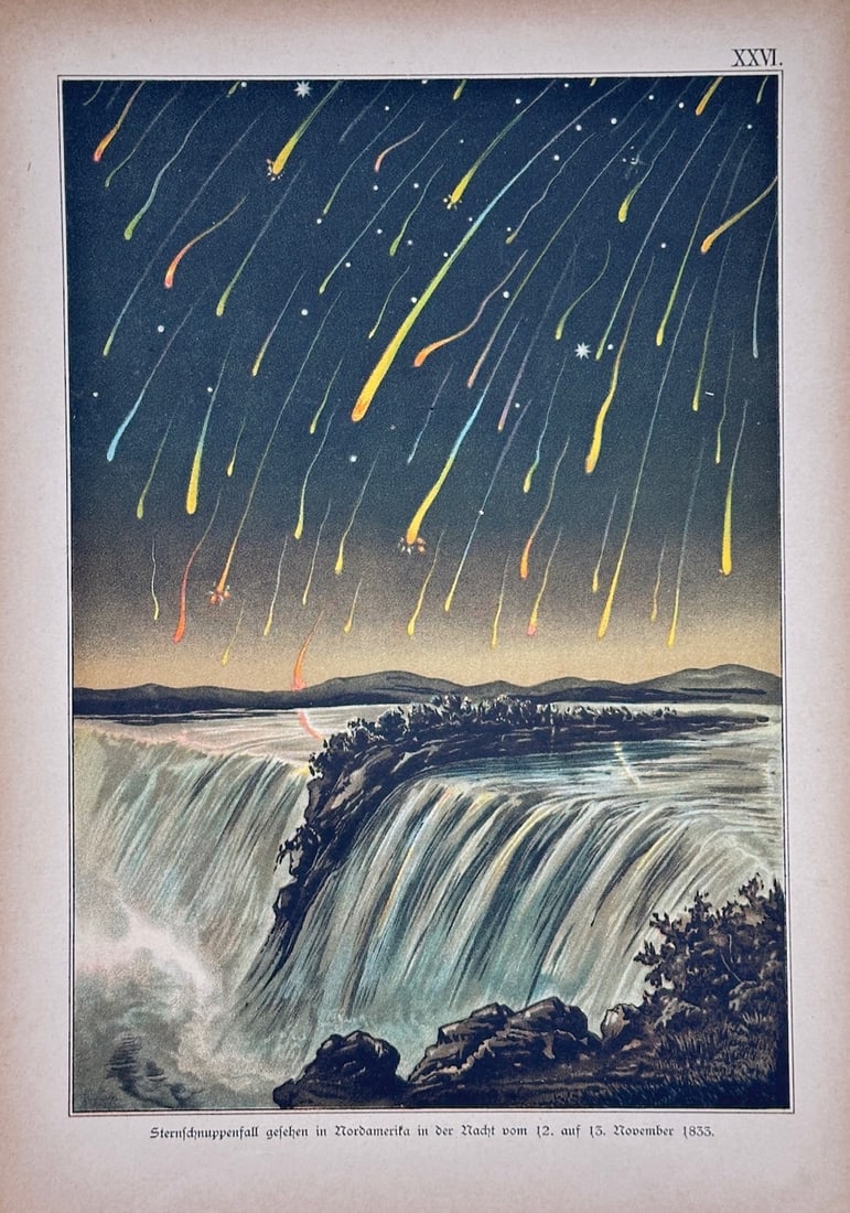 Dr. Edmund Weiss – Meteor Shower over Niagara Falls – Chromolithograph (1888): "Sternschnuppenfall gesehen in Nordamerika" is an astronomical illustration that showcases the historic 1833 Leonid meteor shower raining down over a wide, cascading waterfall. The dramatic compositio