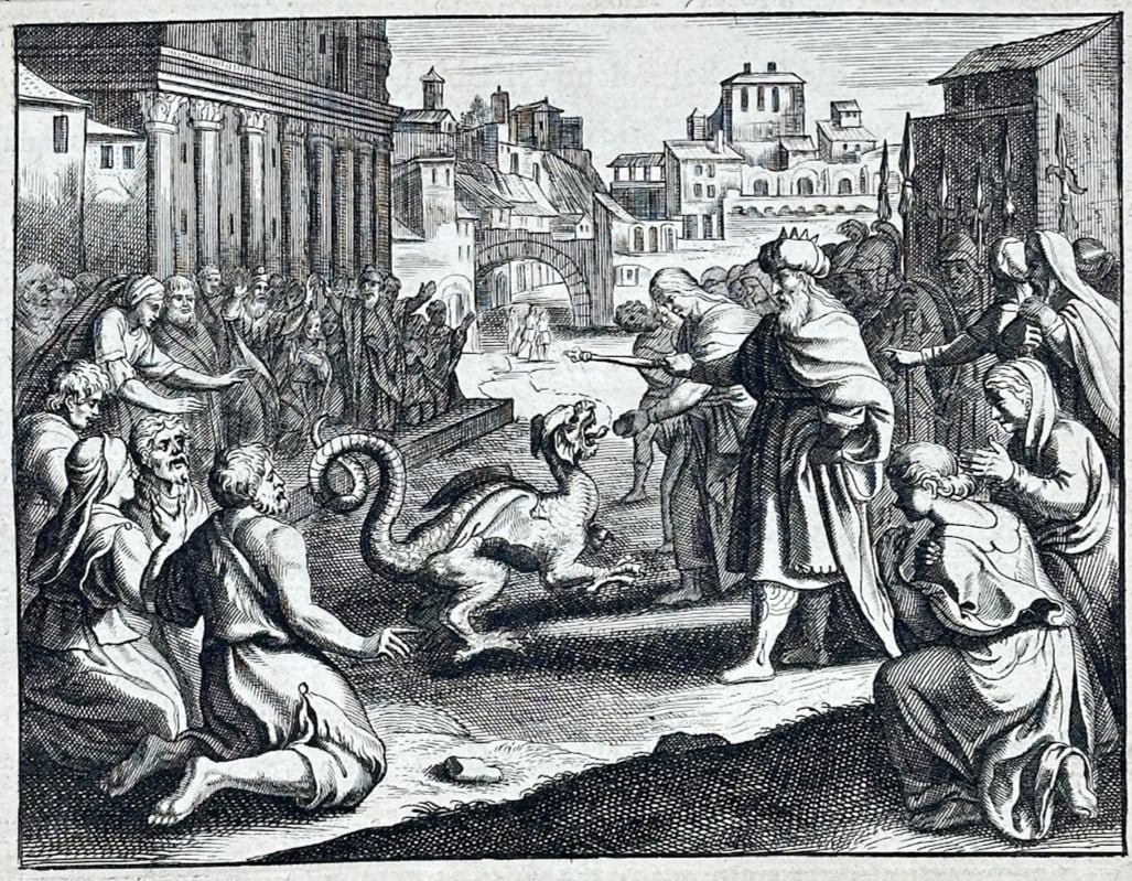 Nicolas Fontaine – The Idol of Bel – Engraving (1670): The Idol of Bel is a biblical illustration that showcases a gathering of figures interacting around a dragon within an architectural setting. The narrative composition portrays the historical or relig