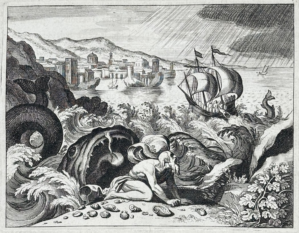 Nicolas Fontaine – Jonah in the Whale – Engraving (1670): "Jonas dans la Baleine" is a biblical illustration that showcases a figure on a shoreline tossed amid turbulent waves near a large sea creature with a sailing vessel caught in a storm. The narrative c