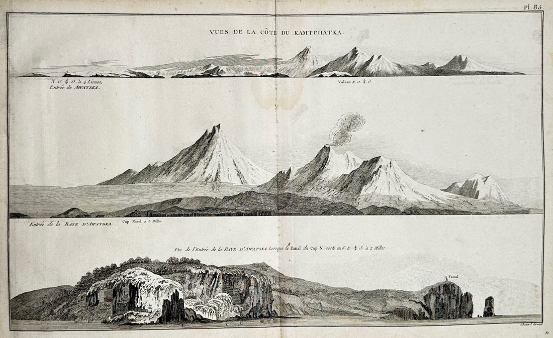 Captain James Cook – Map of Kamchatka Coast – Kamchatka – Engraving (18th Century): Vues de la Côte du Kamchatka is a geographical coastal chart engraving that showcases panoramic topography profiles of volcanic mountain ranges and rocky coastlines. The scientific maritime compositi