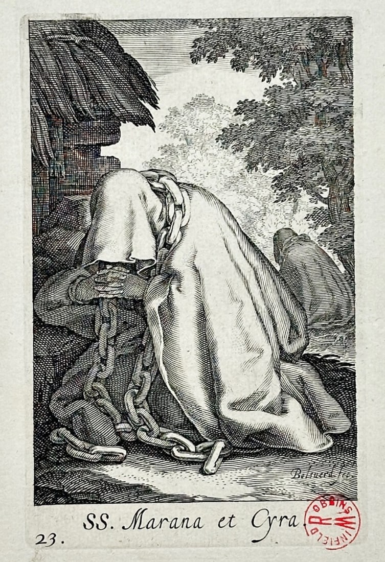 Abraham Bloemaert – Saints Marana and Cyra – Engraving (17th Century): Saints Marana and Cyra is a religious portrait illustration that showcases two hooded female ascetics engaged in prayer and penance within a rustic, rural landscape. The devotional composition depicts