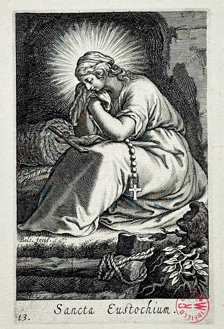 Abraham Bloemaert – Saint Eustochium – Engraving (17th Century): Saint Eustochium is a religious portrait illustration that showcases a seated female saint with a radiant halo engaged in deep contemplation or prayer within a secluded natural environment. The devoti