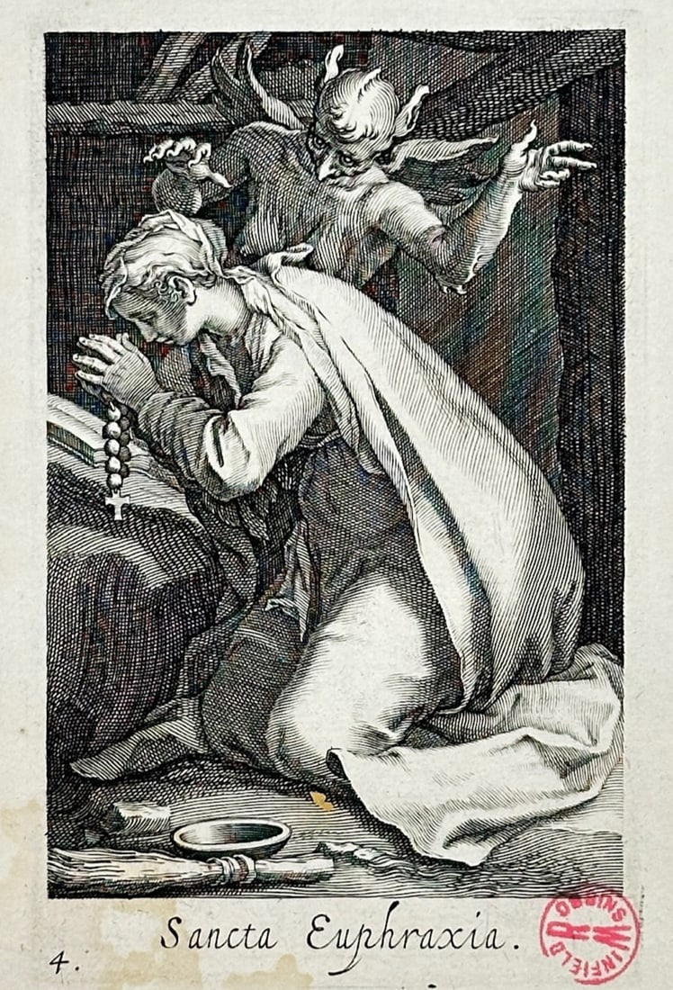 Abraham Bloemaert – Saint Euphraxia – Engraving (17th Century): Sancta Euphraxia is a religious portrait illustration that showcases a female saint kneeling in fervent prayer before an open book while a horned demonic figure looms menacingly behind her. The devoti