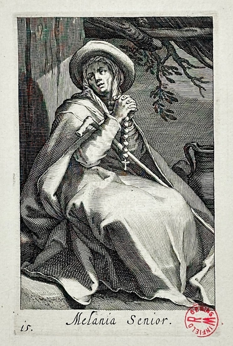 Abraham Bloemaert – Saint Melania the Elder – Engraving (17th Century): "Melania Senior" is a religious portrait illustration that showcases a seated female saint clad in traditional robes and a wide-brimmed hat while holding a walking staff and a rosary within a simple s