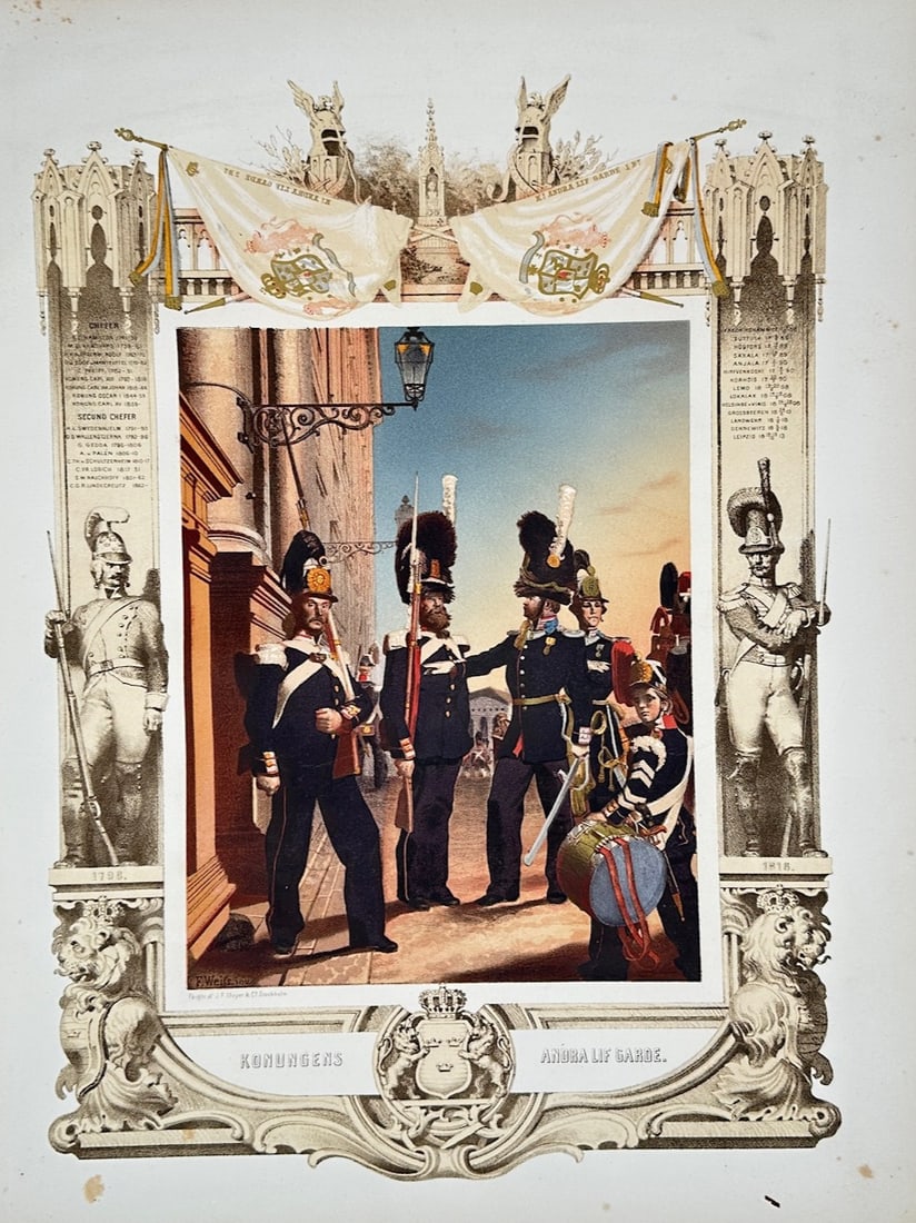 Johan Friedrich Meyer – Second Life Guards – Lithograph (19th Century): Konungens Andra Lifgarde is a military costume illustration that showcases soldiers dressed in ceremonial uniforms, including plumed headwear and detailed tunics, gathered in an outdoor setting near a