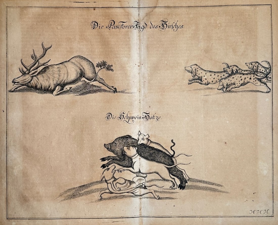 Hanns Friedrich von Flemming – Studies of Deer and Wild Boar Hunting – Engraving (18th Century) (1 of 2)