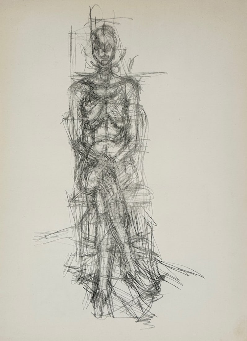 Alberto Giacometti,after – Seated Nude – Offset print (20th Century): "Seated Nude" is an expressive figurative illustration that features a full-length study of a seated female figure composed of dense, energetic gestural lines. The monochromatic composition uses an ov