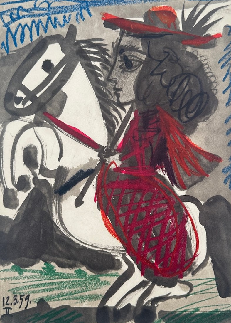 Pablo Picasso,after – Cavalier – Offset print (20th Century): Cavalier is a vibrant modern illustration that features a stylized equestrian figure in a red costume riding a white horse through a simplified landscape. The expressive composition utilizes bold ink 