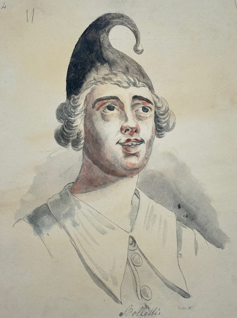 Unknown Artist – Portrait of a Man in a Curved Cap – Etching (17th Century): "Portrait of a Man in a Curved Cap" is a portrait illustration that captures a bust-length study of a theatrical or jester-like character wearing a distinctive curved cap. The composition utilizes exp