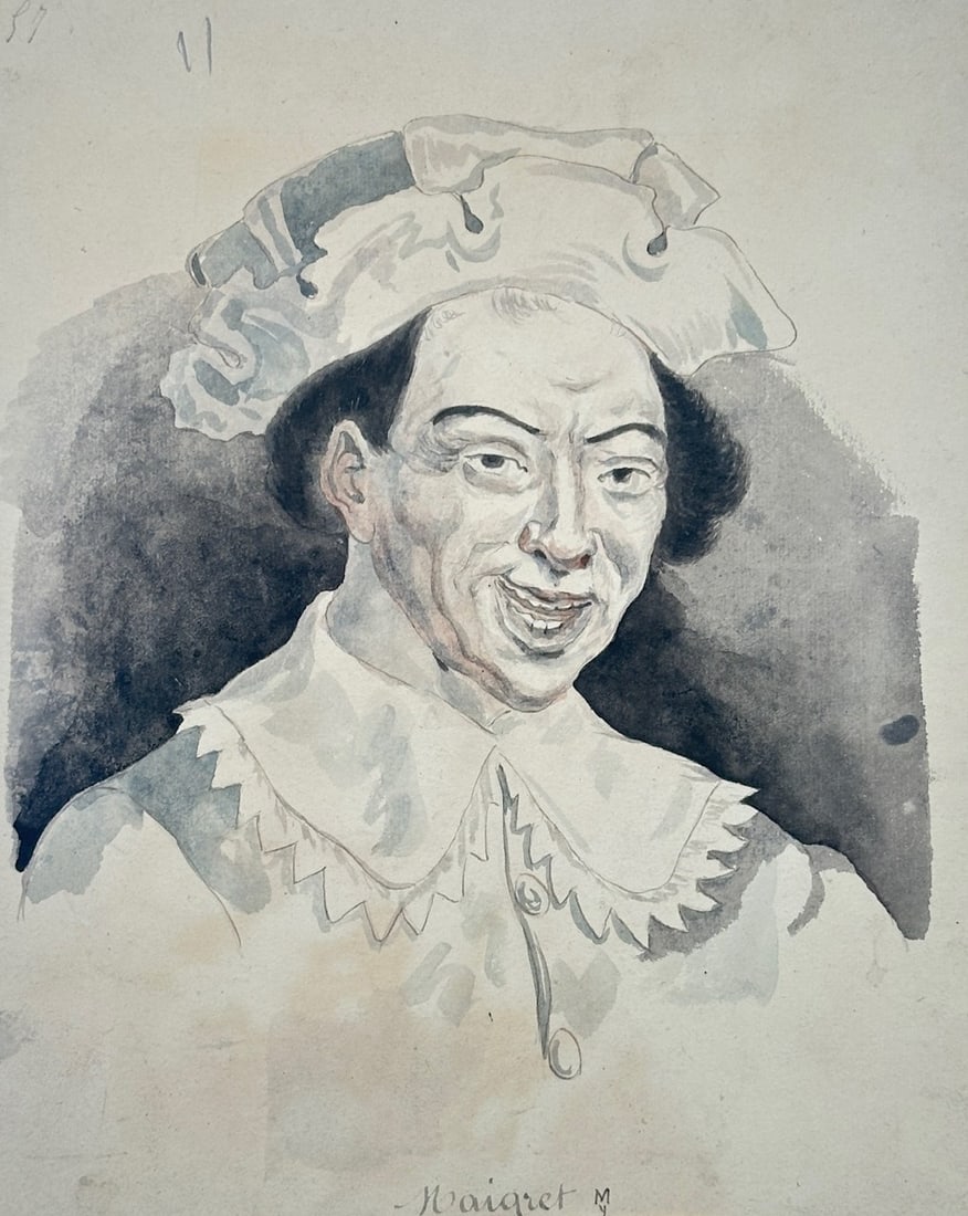 Unknown Artist – Portrait of the Actor Maigret – Etching (17th Century): "Maigret" is a portrait illustration that captures a bust-length study of the celebrated French comic actor wearing a ruffled collar and a soft draped hat. The composition utilizes expressive line wor