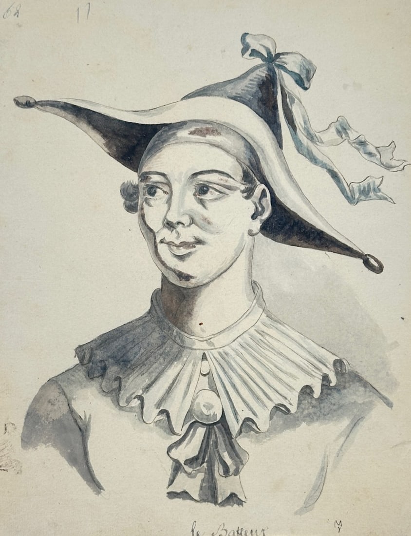 Unknown Artist – Portrait of the Actor Le Batteux – Etching (17th Century): Le Batteux is a portrait illustration that captures a bust-length study of the French performer wearing an elaborate pointed hat adorned with a ribbon and a classic ruffled collar. The composition uti