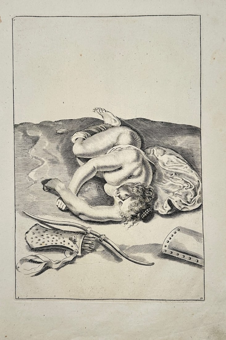 Frederick de Wit – Sleeping Nymph – Engraving (17th Century): "Sleeping Nymph" is a mythological illustration that showcases a full-length classical female figure reclining asleep upon a draped textile in an open landscape, with a bow, quiver of arrows, and a pi