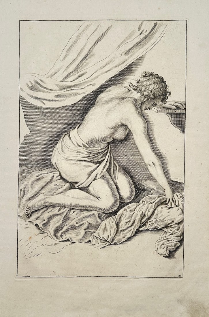 Frederick de Wit – Kneeling Nymph – Engraving (17th Century): "Kneeling Nymph" is a mythological illustration that showcases a full-length classical female figure kneeling on a draped cushion while leaning forward against an interior ledge beneath hanging draper