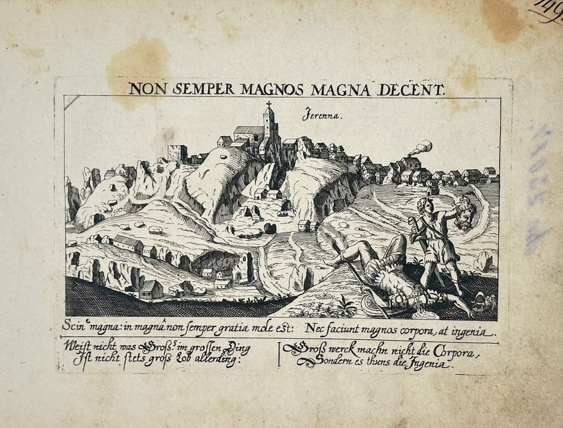 Daniel Meisner – View of Ivanna – Engraving (17th Century): "Non Semper Magnos Magna Decent" is an emblematic and topographical illustration that showcases a detailed panoramic cityscape of a fortified hilltop settlement alongside a foreground allegorical scen