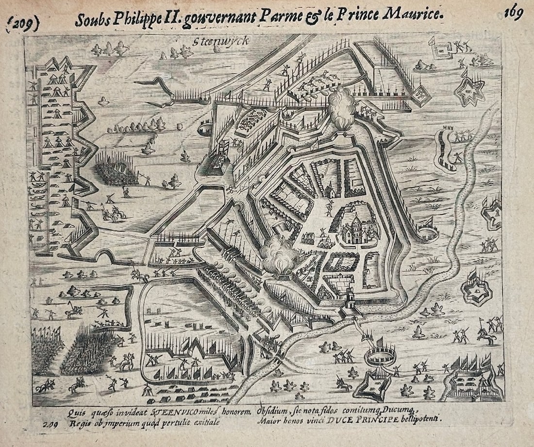 Guillaume Baudart – Siege of Steenwijk – Engraving (17th Century): Under Philip Second, Governing Parma and Prince Maurice is a historical illustration that depicts the military encirclement and siege operations surrounding the fortified town of Steenwijk. The detail