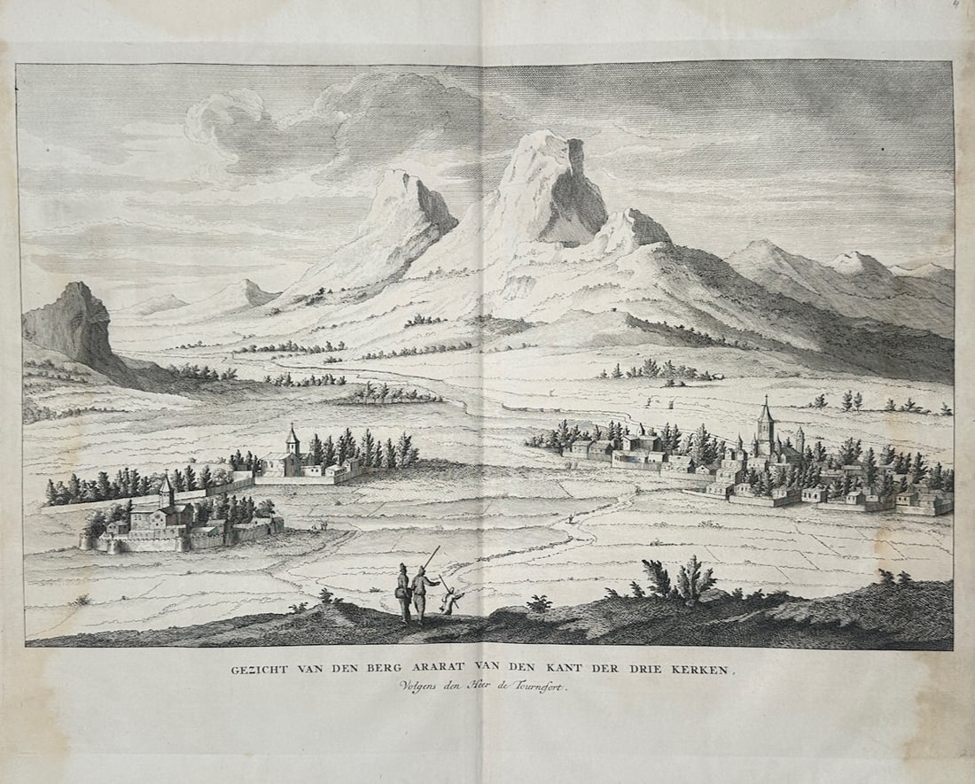 Joseph Pitton de Tournefort – View of Mount Ararat – Engraving (18th Century): View of Mount Ararat from the Side of the Three Churches is a topographical illustration that showcases a sprawling panoramic landscape featuring the prominent peaks of Mount Ararat rising in the dist