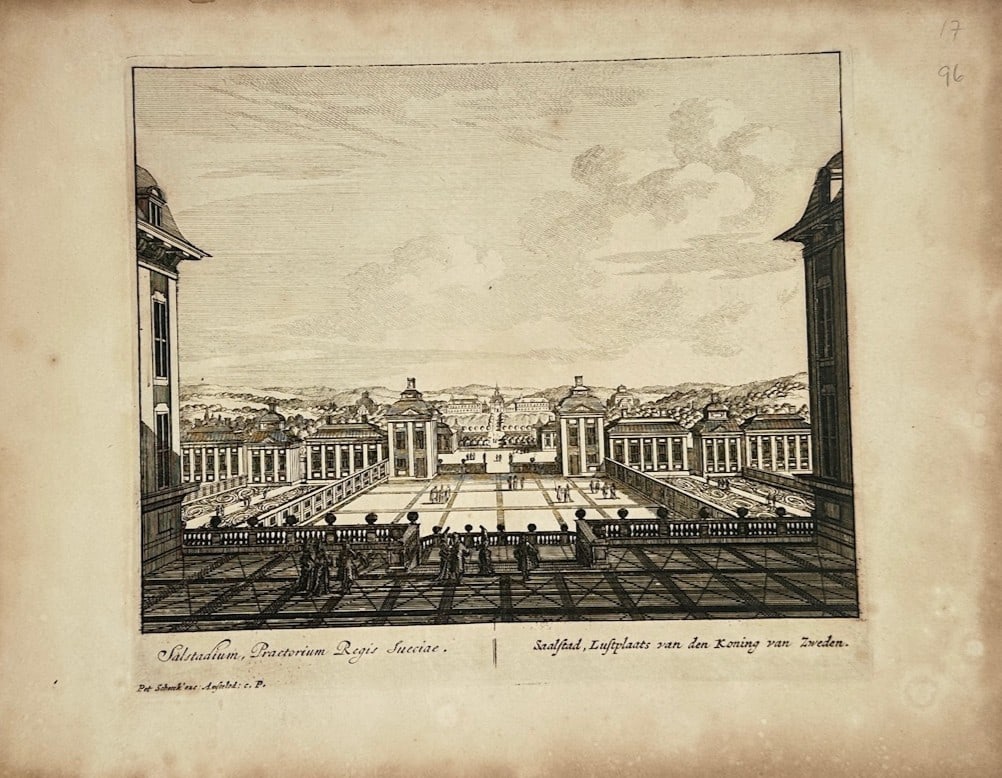 Peter Schenk the Elder – View of Karlberg Palace – Engraving (17th Century): Karlberg, Pleasure Place of the King of Sweden is a topographical illustration that showcases a symmetrical, linear perspective view of a grand palace complex and its expansive courtyards. The archite