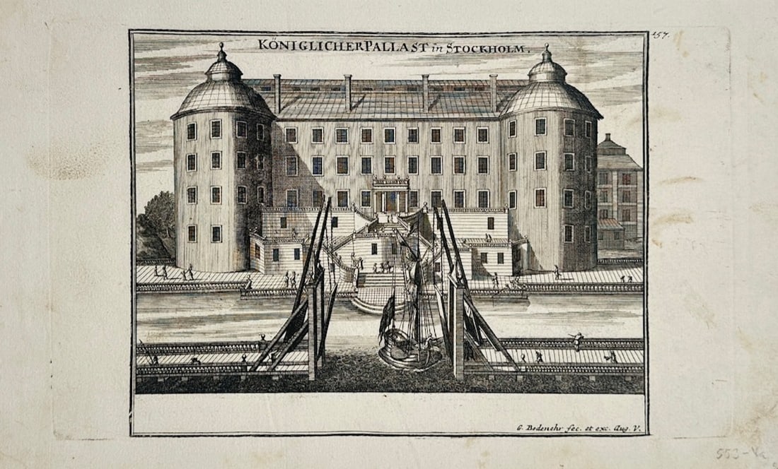 Gabriel Bodenehr – View of the Royal Palace in Stockholm – Engraving (18th Century): Royal Palace in Stockholm is a topographical illustration that showcases the historic Tre Kronor castle complex with its prominent corner towers and multi-story facade before its destruction by fire. 