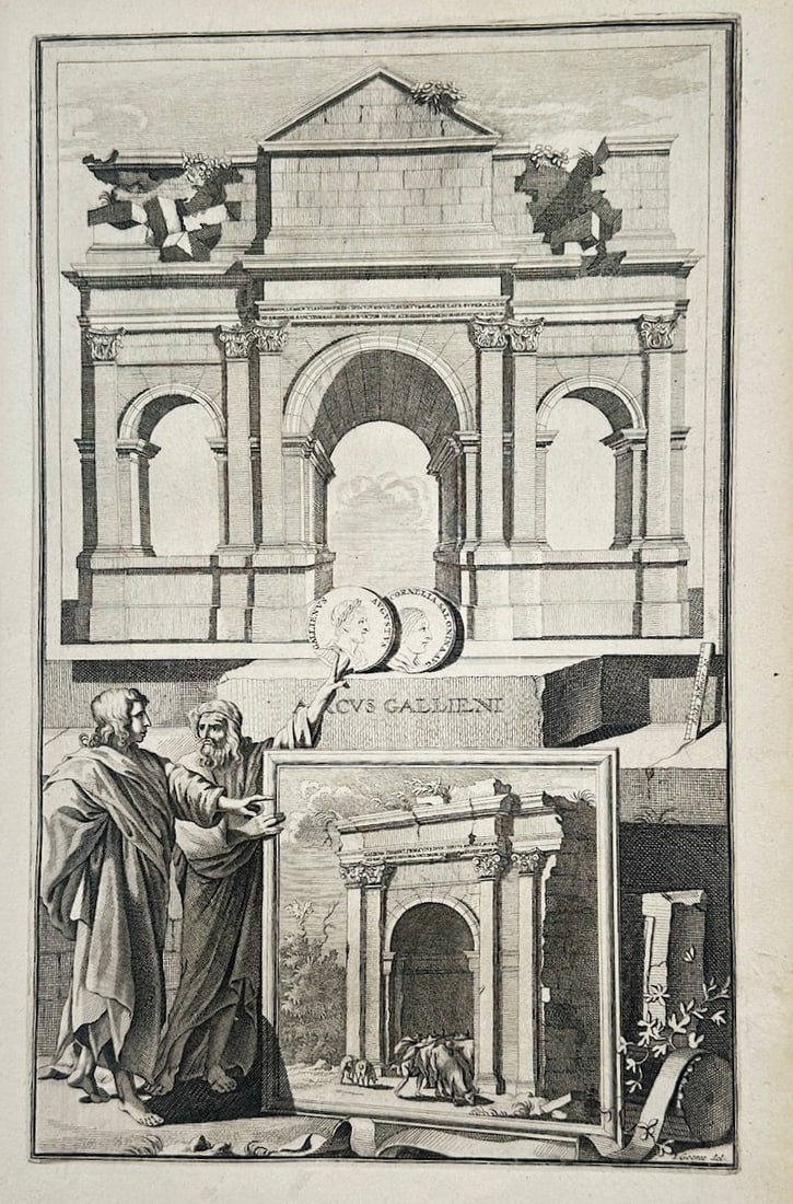 Jan Goeree – Arch of Gallienus – Engraving (18th Century): Arch of Gallienus is an antiquarian and allegorical illustration that showcases an architectural reconstruction of a triple-arched classical Roman monument towering above an ancient stone base. The hi