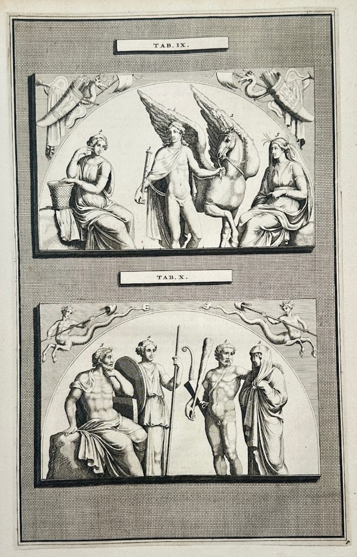 Jan Goeree – Studies of Classical Reliefs – Engraving (18th Century): Classical Reliefs with Mythological Figures is an antiquarian and academic illustration that showcases two distinct panels containing sculptural representations of figures from ancient mythology. The 