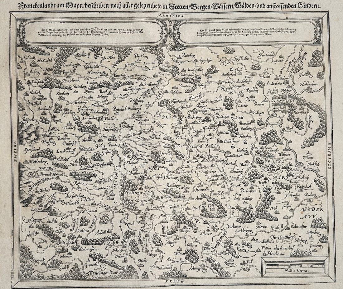 Sebastian Münster – Map of Franconia – Germany – Woodcut (16th Century): Map of Franconia on the Main Described with All Its Features is a regional cartographic illustration that showcases the topography of the historical Franconian territory with its networks of waterways