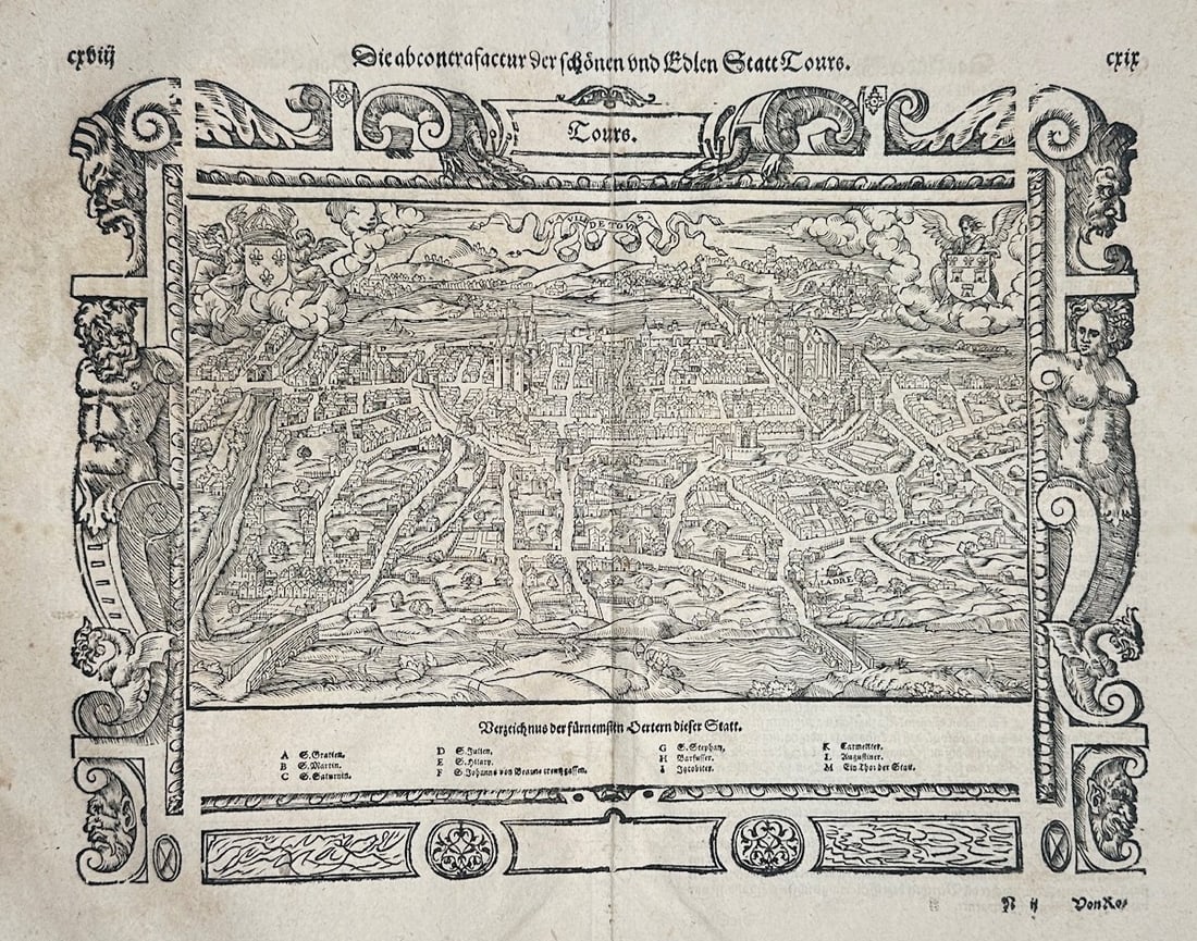 Sebastian Münster – Map of Tours – France – Woodcut (16th Century) (1 of 3)