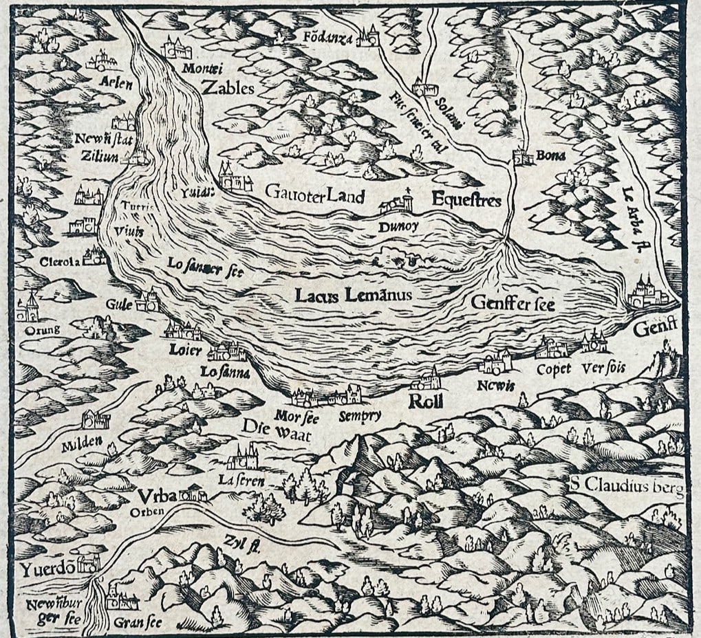 Sebastian Münster – Map of Lake Geneva – Switzerland – Woodcut (16th Century): Of the German Lands is a regional cartographic illustration that showcases Lake Geneva and its surrounding topography. The comprehensive geographic composition depicts various lakeside settlements, ri