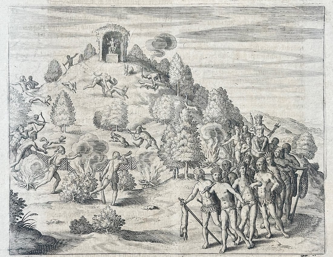 Sebastian Münster – Indigenous Peoples of the Americas – Woodcut (16th Century): Of the Properties of the West Indies is a cultural illustration that showcases various rituals and daily activities of indigenous communities in the Americas. The historical composition depicts a hill