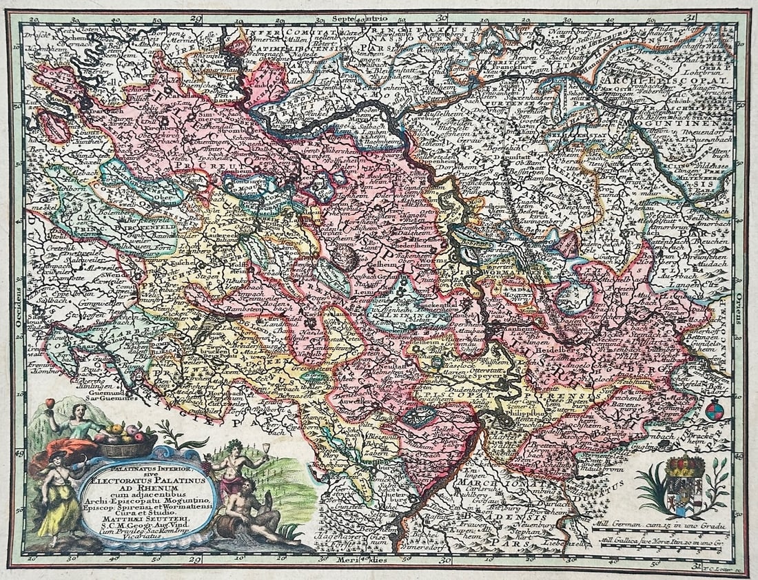 Tobias Conrad Lotter – Map of the Lower Palatinate – Germany – Engraving (18th Century): "Palatinatus Inferior sive Electoratus Palatinus ad Rhenum" is a detailed hand-colored cartographic illustration that showcases the historical territory of the Lower Palatinate along the Rhine River. 