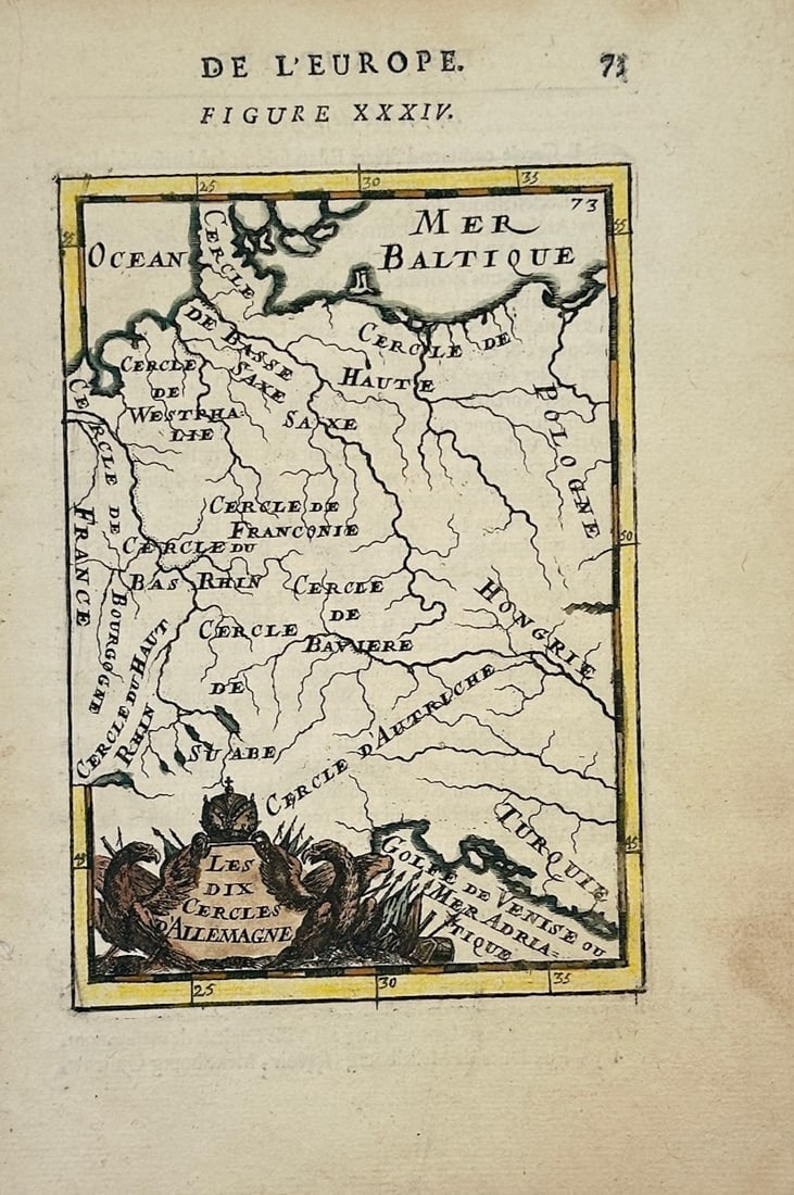 Alain Manesson Mallet – Map of the Ten Circles of Germany – Germany – Engraving (17th Century): The Ten Circles of Germany is a regional cartographic illustration that highlights the historical governance divisions of the Holy Roman Empire. The compact composition outlines major imperial territo