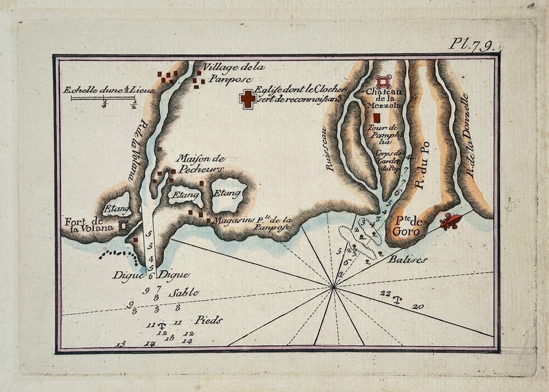 Joseph Roux – Map of the Mouth of the Po River – Italy – Engraving (18th Century) (1 of 2)