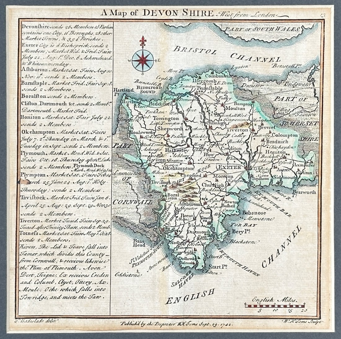 Thomas Badeslade – Map of Devonshire – England – Hand-colored Engraving (1742): "A Map of Devonshire" is a regional cartographic illustration that shows the geographical boundaries, major towns, and river systems of the English county. The comprehensive composition includes a pro