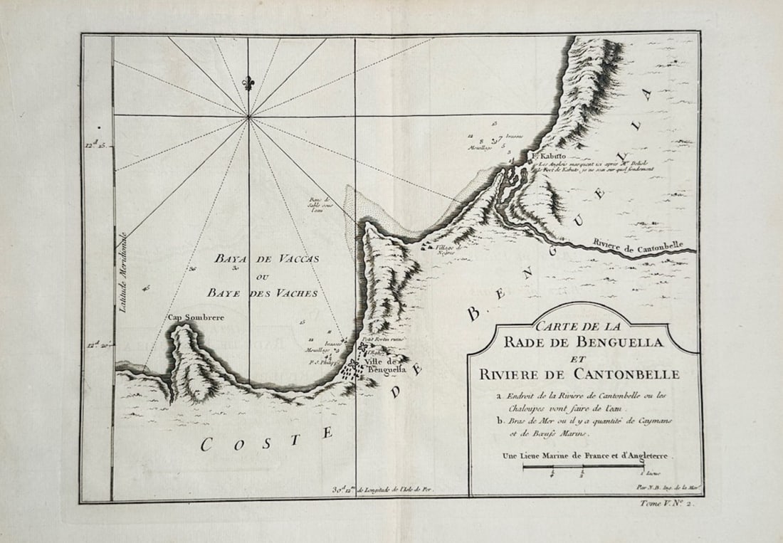 Jacques-Nicolas Bellin – Map of Benguela Roadstead and Catumbela River – Angola – Engraving: Carte de la Rade de Benguella et Riviere de Catonbelle is a maritime cartographic illustration that showcases the coastline, depth soundings, and river mouth of the Benguela region on the western coas