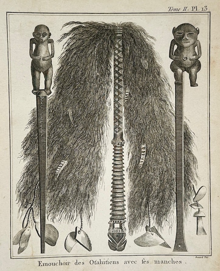 Captain James Cook – Tahitian Fly Flap with Handles – French Polynesia – Engraving (18th: Emouchoir des Otahitiens avec ses manches is an ethnographic illustration that showcases traditional ceremonial objects and handles crafted by the indigenous inhabitants of Tahiti. The cultural compos