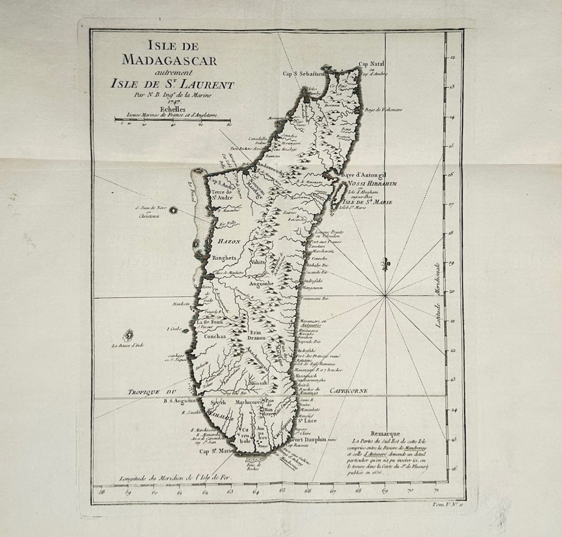 Jacques-Nicolas Bellin – Map of Madagascar – St. Laurent – Engraving (18th Century): "Isle de Madagascar autrement Isle de St. Laurent" is a detailed regional cartographic illustration that showcases the entire island outline, internal mountain ridges, and major river systems. The geo