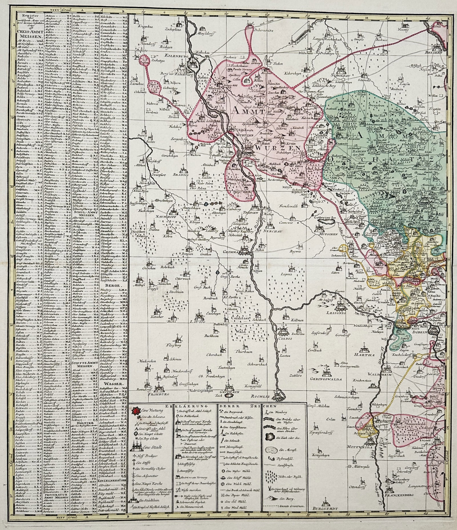 Peter Schenk – Map of the Districts of Wurzen and Meissen – Germany – Engraving (18th Century): "Map of the Districts of Wurzen and Meissen" presents a detailed cartographic overview of the historical regions of Wurzen and Meissen alongside their territorial borders and geographical features. Th