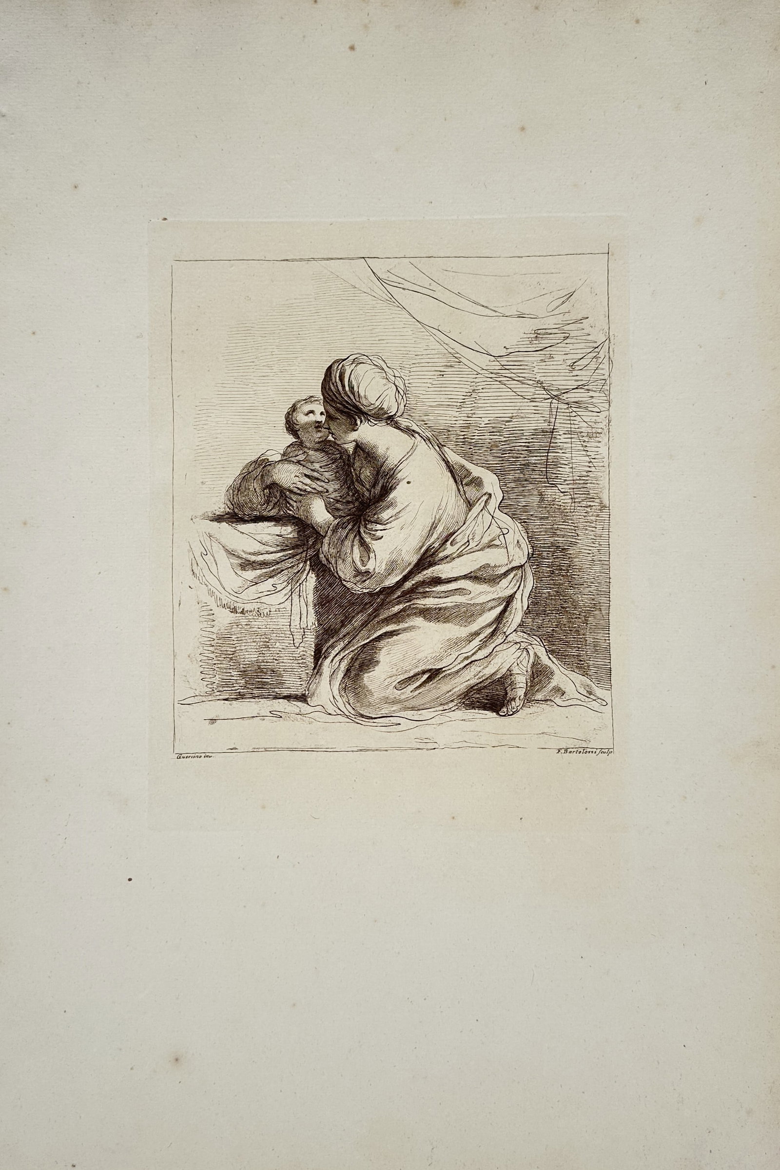 Francesco Bartolozzi – Woman on her Knees with a Child – Etching (18th Century): "Woman on her Knees with a Child" features a maternal figural study showcasing an intimate composition of a woman embracing a young child. This print documents the neoclassical style and eighteenth-ce