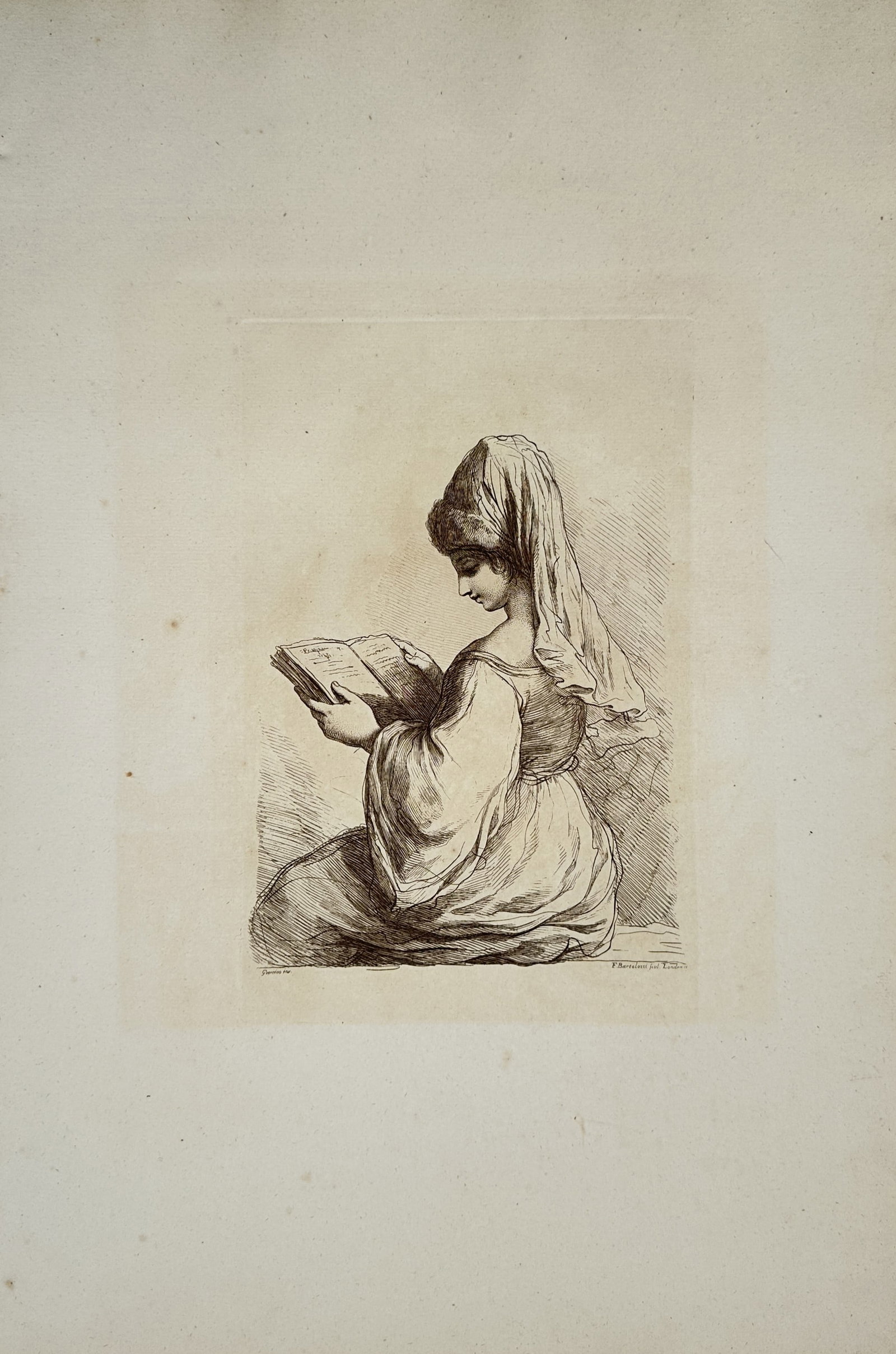 Francesco Bartolozzi – Seated Woman Reading a Book – Etching (18th Century): "Seated Woman Reading a Book" features a classical study showcasing a young woman in traditional drapery engaged with an open volume. This print documents the neoclassical style and eighteenth-century