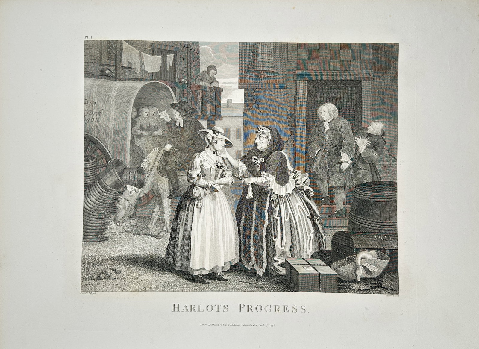 John Robinson – Harlots Progress – Engraving (1798): "Harlots Progress" features a narrative satirical composition depicting a young woman newly arrived in an urban setting being accosted by various figures. This expressive print was published in London