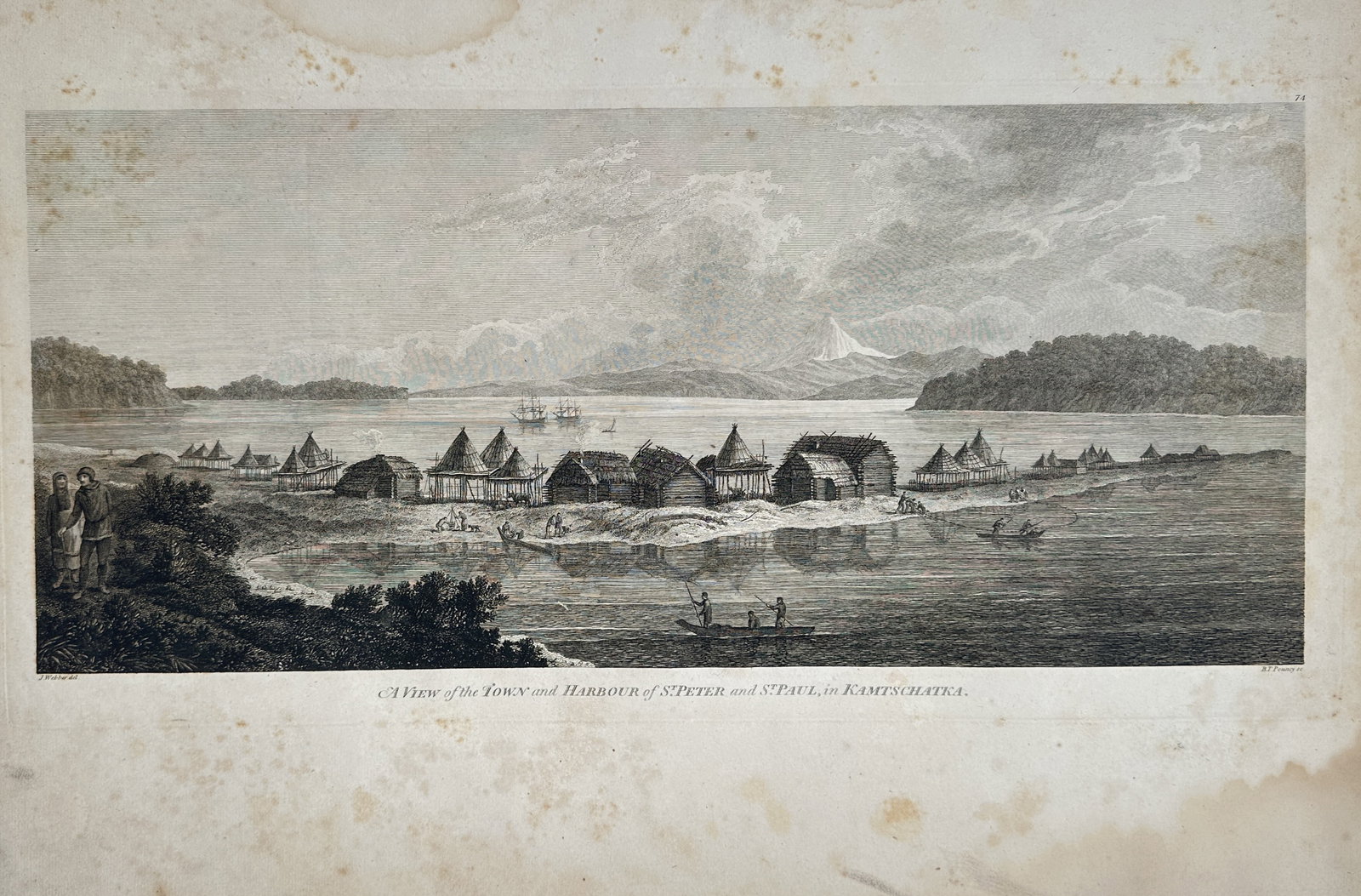 John Webber – A View of the Town and Harbour of St. Peter and St. Paul, in Kamtschatka – Russia: "A View of the Town and Harbour of St. Peter and St. Paul, in Kamtschatka" presents a sweeping coastal landscape featuring traditional dwellings and boats along a maritime inlet backed by mountainous 