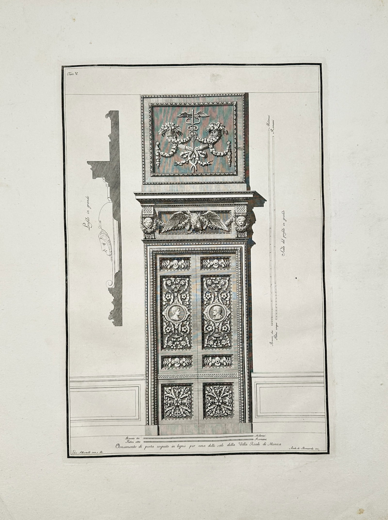 Giocondo Albertolli – Architectural Design for a Neoclassical Doorway – Engraving (18th Century): "Ornament of a Door Executed in Wood for One of the Rooms of the Royal Villa of Monza" features an intricate architectural study detailing a carved wooden portal design complete with classical molding