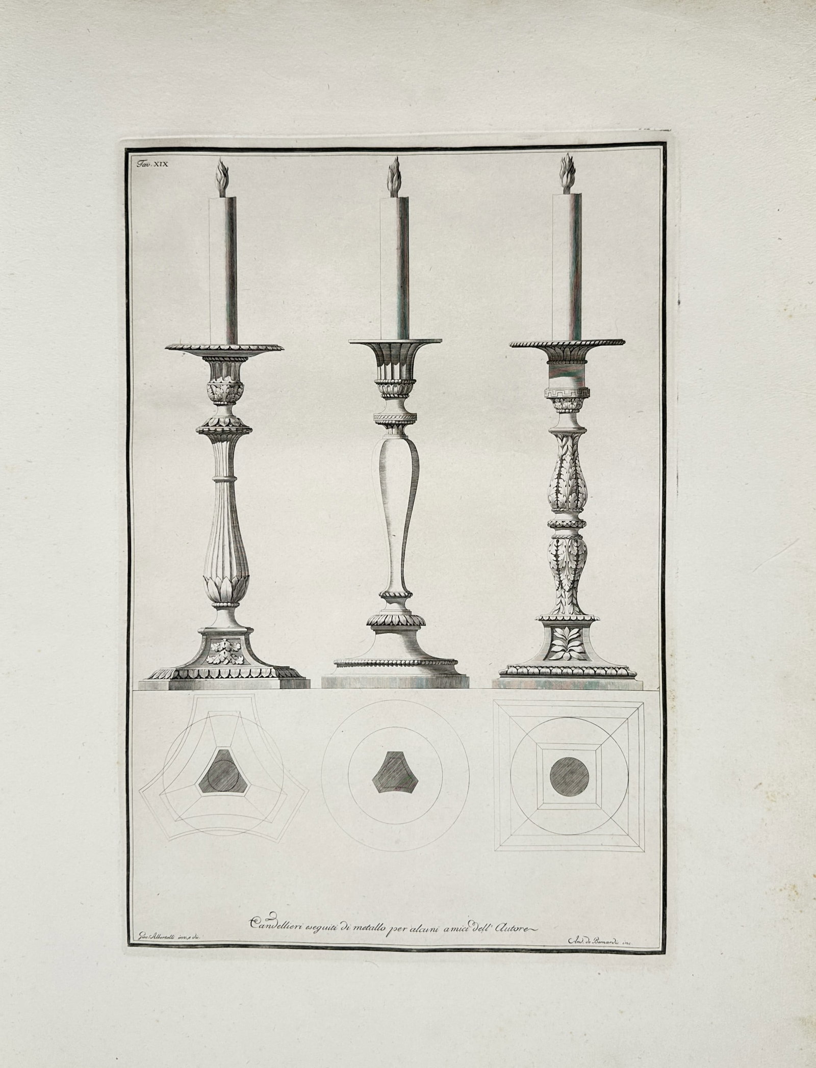 Giocondo Albertolli – Architectural Design for Neoclassical Candlesticks – Engraving (18th: "Candellieri eseguiti di metallo per alcuni amici dell'Autore" features an ornamental study showcasing three distinct designs for decorative metal candlesticks along with their geometric base plans. T